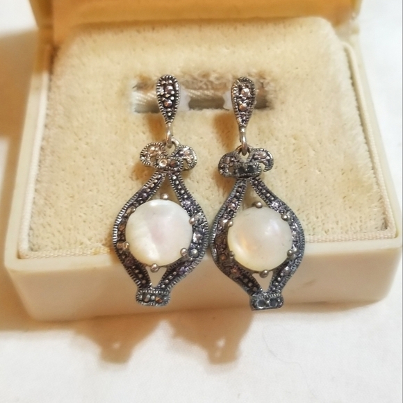 1920S Art Deco Mother of Pearl Marcasite Sterling Earrings - Picture 3 of 6